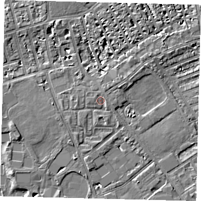 Shaded relief map of the ground around SW63BY, computed from Environment Agency LiDAR. The ground here sits at about 5 m above sea level and falls 9 m across the surrounding 800 m. Surface water reaching this point runs off ground lying to the west-south-west, 1.3 m higher.