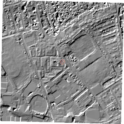 Shaded relief map of the ground around SW63DB, computed from Environment Agency LiDAR. The ground here sits at about 4 m above sea level and falls 9 m across the surrounding 800 m. Surface water reaching this point runs off ground lying to the west, 1.5 m higher.