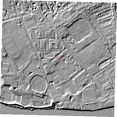 Shaded relief map of the ground around SW63DD, computed from Environment Agency LiDAR. The ground here sits at about 5 m above sea level and falls 9 m across the surrounding 800 m. Surface water reaching this point runs off ground lying to the south-west, 3.0 m higher.