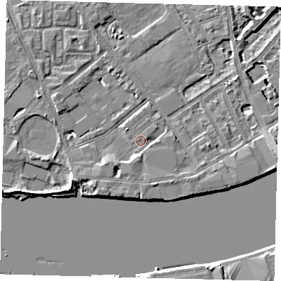 Shaded relief map of the ground around SW63DJ, computed from Environment Agency LiDAR. The ground here sits at about 5 m above sea level and falls 7 m across the surrounding 800 m. Surface water reaching this point runs off ground lying to the south, 1.2 m higher.