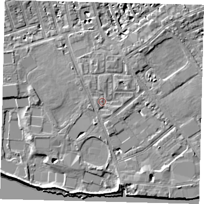 Shaded relief map of the ground around SW63DN, computed from Environment Agency LiDAR. The ground here sits at about 5 m above sea level and falls 9 m across the surrounding 800 m. Surface water reaching this point runs off ground lying to the north-west, 1.3 m higher.