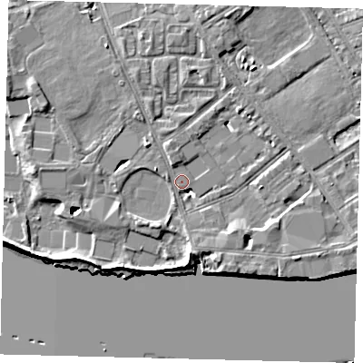 Shaded relief map of the ground around SW63DP, computed from Environment Agency LiDAR. The ground here sits at about 4 m above sea level and falls 9 m across the surrounding 800 m. Surface water reaching this point runs off ground lying to the north-north-west, 4.3 m higher.