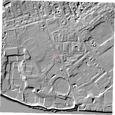 Shaded relief map of the ground around SW63DR, computed from Environment Agency LiDAR. The ground here sits at about 5 m above sea level and falls 10 m across the surrounding 800 m. Surface water reaching this point runs off ground lying to the north, 0.8 m higher.