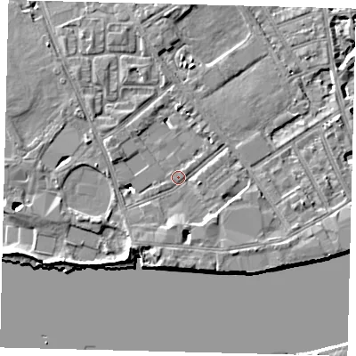 Shaded relief map of the ground around SW63DT, computed from Environment Agency LiDAR. The ground here sits at about 4 m above sea level and falls 10 m across the surrounding 800 m. Surface water reaching this point runs off ground lying to the south-south-west, 4.7 m higher.