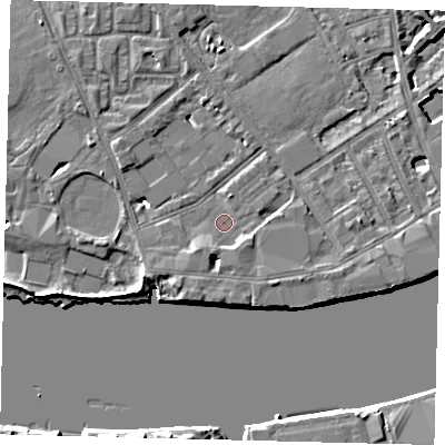 Shaded relief map of the ground around SW63DU, computed from Environment Agency LiDAR. The ground here sits at about 4 m above sea level and falls 8 m across the surrounding 800 m. Surface water reaching this point runs off ground lying to the south-south-west, 1.8 m higher.