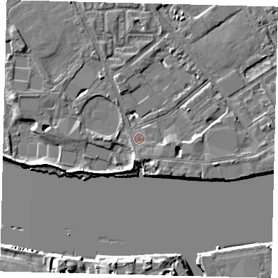 Shaded relief map of the ground around SW63DX, computed from Environment Agency LiDAR. The ground here sits at about 5 m above sea level and falls 13 m across the surrounding 800 m. Surface water reaching this point runs off ground lying to the south, 1.4 m higher.
