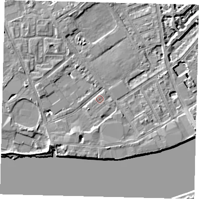 Shaded relief map of the ground around SW63DZ, computed from Environment Agency LiDAR. The ground here sits at about 5 m above sea level and falls 7 m across the surrounding 800 m. Surface water reaching this point runs off ground lying to the south-west, 4.7 m higher.