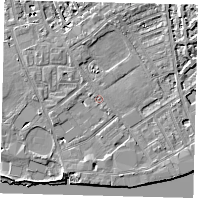 Shaded relief map of the ground around SW63EB, computed from Environment Agency LiDAR. The ground here sits at about 5 m above sea level and falls 7 m across the surrounding 800 m. Surface water reaching this point runs off ground lying to the west-north-west, 1.5 m higher.