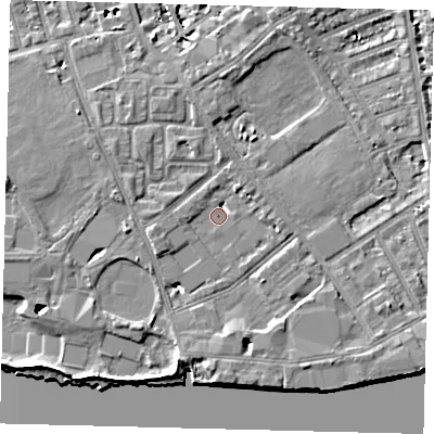 Shaded relief map of the ground around SW63ED, computed from Environment Agency LiDAR. The ground here sits at about 4 m above sea level and falls 9 m across the surrounding 800 m. Surface water reaching this point runs off ground lying to the west-south-west, 3.0 m higher.