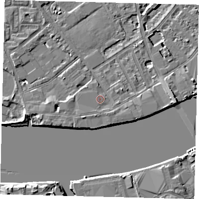 Shaded relief map of the ground around SW63EF, computed from Environment Agency LiDAR. The ground here sits at about 5 m above sea level and falls 9 m across the surrounding 800 m. Surface water reaching this point runs off ground lying to the south-south-west, 0.6 m higher.