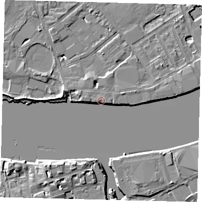 Shaded relief map of the ground around SW63EJ, computed from Environment Agency LiDAR. The ground here sits at about 5 m above sea level and falls 9 m across the surrounding 800 m. Surface water reaching this point runs off ground lying to the south-west, 8.8 m higher.