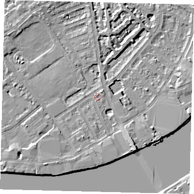 Shaded relief map of the ground around SW63EL, computed from Environment Agency LiDAR. The ground here sits at about 4 m above sea level and falls 9 m across the surrounding 800 m. Surface water reaching this point runs off ground lying to the south-east, 6.7 m higher.