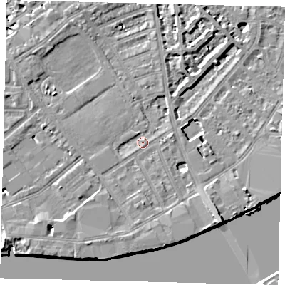 Shaded relief map of the ground around SW63EN, computed from Environment Agency LiDAR. The ground here sits at about 4 m above sea level and falls 9 m across the surrounding 800 m. Surface water reaching this point runs off ground lying to the south-east, 6.7 m higher.