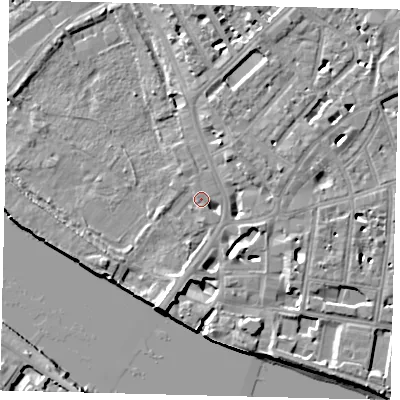 Shaded relief map of the ground around SW63EQ, computed from Environment Agency LiDAR. The ground here sits at about 4 m above sea level and falls 9 m across the surrounding 800 m. Surface water reaching this point runs off ground lying to the south-south-west, 9.3 m higher.