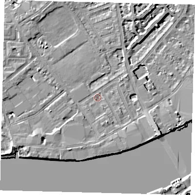 Shaded relief map of the ground around SW63ER, computed from Environment Agency LiDAR. The ground here sits at about 4 m above sea level and falls 8 m across the surrounding 800 m. Surface water reaching this point runs off ground lying to the east-south-east, 6.7 m higher.