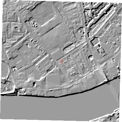 Shaded relief map of the ground around SW63ES, computed from Environment Agency LiDAR. The ground here sits at about 4 m above sea level and falls 8 m across the surrounding 800 m. Surface water reaching this point runs off ground lying to the south, 4.7 m higher.