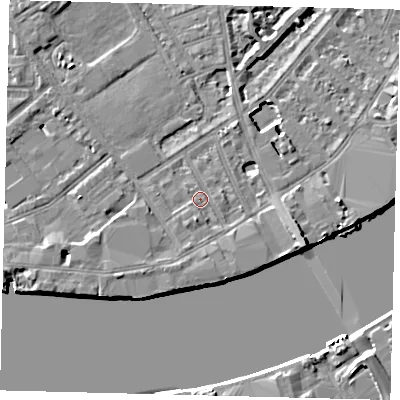 Shaded relief map of the ground around SW63ET, computed from Environment Agency LiDAR. The ground here sits at about 4 m above sea level and falls 8 m across the surrounding 800 m. Surface water reaching this point runs off ground lying to the south, 1.6 m higher.