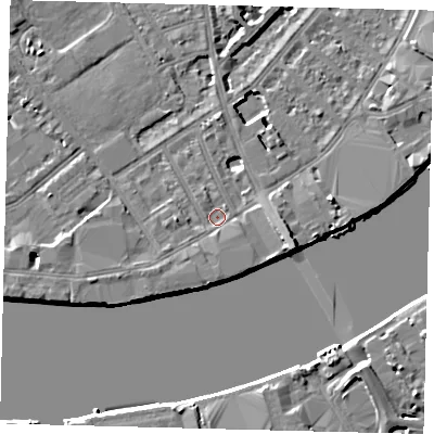 Shaded relief map of the ground around SW63EU, computed from Environment Agency LiDAR. The ground here sits at about 4 m above sea level and falls 8 m across the surrounding 800 m. Surface water reaching this point runs off ground lying to the south-west, 1.3 m higher.