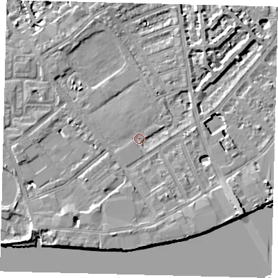 Shaded relief map of the ground around SW63EW, computed from Environment Agency LiDAR. The ground here sits at about 4 m above sea level and falls 9 m across the surrounding 800 m. Surface water reaching this point runs off ground lying to the south-east, 7.9 m higher.