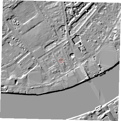 Shaded relief map of the ground around SW63HA, computed from Environment Agency LiDAR. The ground here sits at about 4 m above sea level and falls 8 m across the surrounding 800 m. Surface water reaching this point runs off ground lying to the south-east, 1.0 m higher.