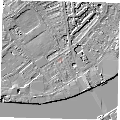 Shaded relief map of the ground around SW63HB, computed from Environment Agency LiDAR. The ground here sits at about 4 m above sea level and falls 9 m across the surrounding 800 m. Surface water reaching this point runs off ground lying to the south-east, 6.7 m higher.
