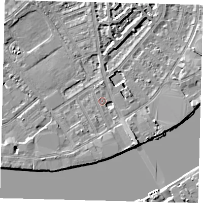 Shaded relief map of the ground around SW63HD, computed from Environment Agency LiDAR. The ground here sits at about 4 m above sea level and falls 9 m across the surrounding 800 m. Surface water reaching this point runs off ground lying to the south-east, 6.7 m higher.