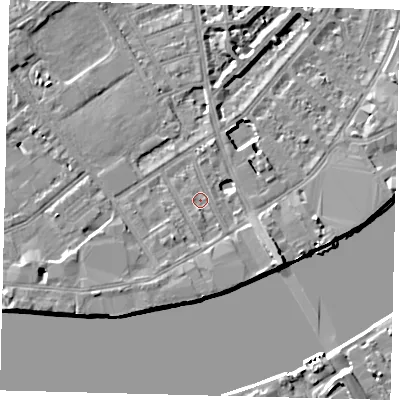 Shaded relief map of the ground around SW63HE, computed from Environment Agency LiDAR. The ground here sits at about 4 m above sea level and falls 8 m across the surrounding 800 m. Surface water reaching this point runs off ground lying to the south, 1.0 m higher.