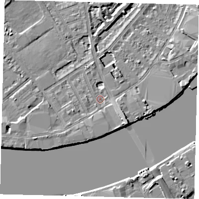 Shaded relief map of the ground around SW63HF, computed from Environment Agency LiDAR. The ground here sits at about 4 m above sea level and falls 8 m across the surrounding 800 m. Surface water reaching this point runs off ground lying to the south-east, 5.0 m higher.