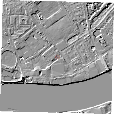 Shaded relief map of the ground around SW63HH, computed from Environment Agency LiDAR. The ground here sits at about 4 m above sea level and falls 8 m across the surrounding 800 m. Surface water reaching this point runs off ground lying to the south, 1.8 m higher.