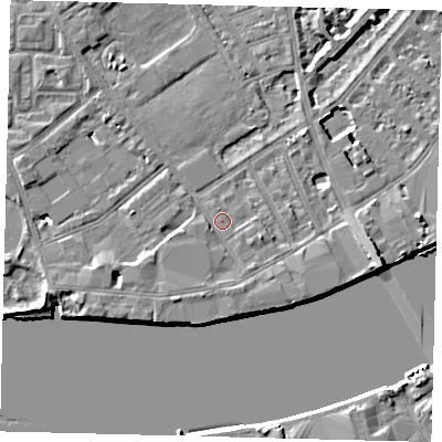 Shaded relief map of the ground around SW63HQ, computed from Environment Agency LiDAR. The ground here sits at about 5 m above sea level and falls 8 m across the surrounding 800 m. Surface water reaching this point runs off ground lying to the south-south-west, 1.6 m higher.