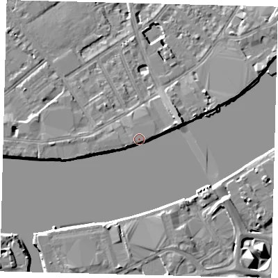 Shaded relief map of the ground around SW63HR, computed from Environment Agency LiDAR. The ground here sits at about 5 m above sea level and falls 8 m across the surrounding 800 m. Surface water reaching this point runs off ground lying to the east-north-east, 8.4 m higher.
