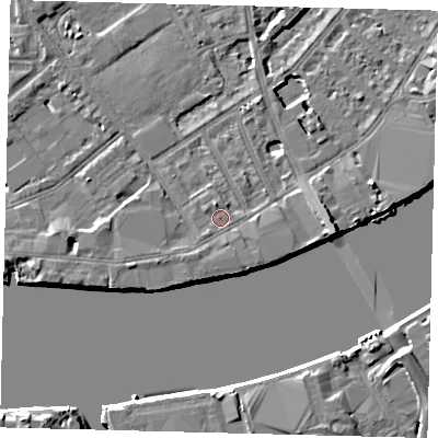 Shaded relief map of the ground around SW63HX, computed from Environment Agency LiDAR. The ground here sits at about 5 m above sea level and falls 8 m across the surrounding 800 m. Surface water reaching this point runs off ground lying to the north-north-west, 1.3 m higher.