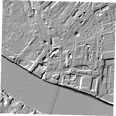 Shaded relief map of the ground around SW63JA, computed from Environment Agency LiDAR. The ground here sits at about 4 m above sea level and falls 9 m across the surrounding 800 m. Surface water reaching this point runs off ground lying to the south-south-west, 6.7 m higher.
