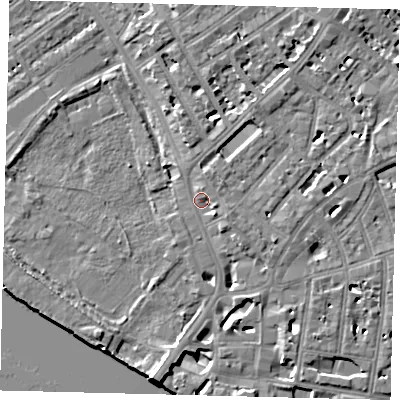 Shaded relief map of the ground around SW63JH, computed from Environment Agency LiDAR. The ground here sits at about 6 m above sea level and falls 10 m across the surrounding 800 m. Surface water reaching this point runs off ground lying to the north, 2.3 m higher.