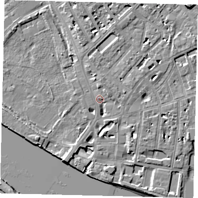 Shaded relief map of the ground around SW63JJ, computed from Environment Agency LiDAR. The ground here sits at about 5 m above sea level and falls 10 m across the surrounding 800 m. Surface water reaching this point runs off ground lying to the south-south-west, 9.3 m higher.