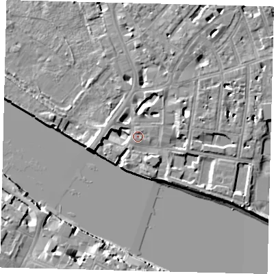 Shaded relief map of the ground around SW63JS, computed from Environment Agency LiDAR. The ground here sits at about 4 m above sea level and falls 10 m across the surrounding 800 m. Surface water reaching this point runs off ground lying to the south-south-east, 6.7 m higher.
