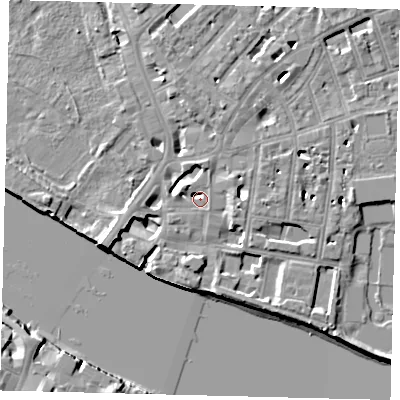 Shaded relief map of the ground around SW63JW, computed from Environment Agency LiDAR. The ground here sits at about 4 m above sea level and falls 9 m across the surrounding 800 m. Surface water reaching this point runs off ground lying to the south, 6.7 m higher.