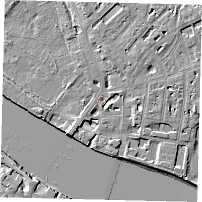 Shaded relief map of the ground around SW63JY, computed from Environment Agency LiDAR. The ground here sits at about 4 m above sea level and falls 9 m across the surrounding 800 m. Surface water reaching this point runs off ground lying to the south-west, 9.3 m higher.