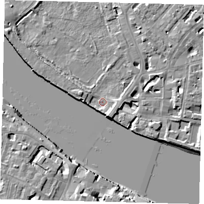 Shaded relief map of the ground around SW63LA, computed from Environment Agency LiDAR. The ground here sits at about 4 m above sea level and falls 10 m across the surrounding 800 m. Surface water reaching this point runs off ground lying to the south-south-east, 6.2 m higher.
