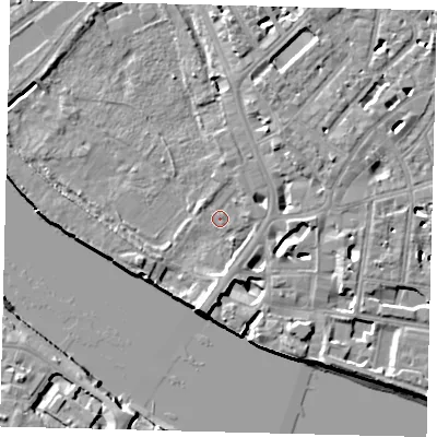 Shaded relief map of the ground around SW63LB, computed from Environment Agency LiDAR. The ground here sits at about 5 m above sea level and falls 10 m across the surrounding 800 m. Surface water reaching this point runs off ground lying to the south, 9.3 m higher.