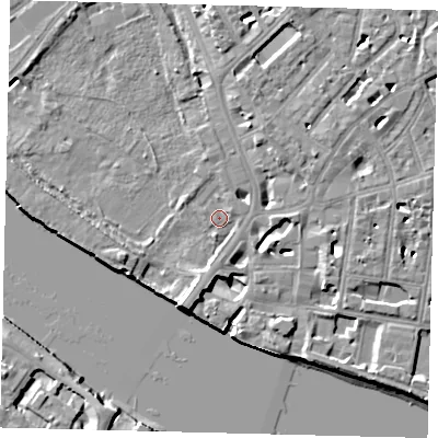 Shaded relief map of the ground around SW63LD, computed from Environment Agency LiDAR. The ground here sits at about 4 m above sea level and falls 10 m across the surrounding 800 m. Surface water reaching this point runs off ground lying to the south-south-west, 9.3 m higher.