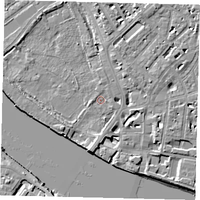 Shaded relief map of the ground around SW63LE, computed from Environment Agency LiDAR. The ground here sits at about 4 m above sea level and falls 10 m across the surrounding 800 m. Surface water reaching this point runs off ground lying to the south, 9.3 m higher.