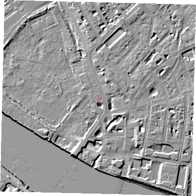 Shaded relief map of the ground around SW63LF, computed from Environment Agency LiDAR. The ground here sits at about 4 m above sea level and falls 9 m across the surrounding 800 m. Surface water reaching this point runs off ground lying to the south-south-west, 9.3 m higher.