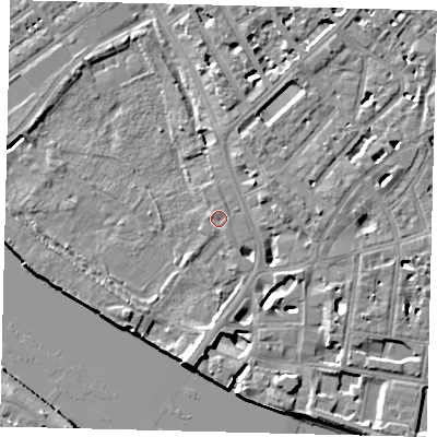 Shaded relief map of the ground around SW63LG, computed from Environment Agency LiDAR. The ground here sits at about 4 m above sea level and falls 9 m across the surrounding 800 m. Surface water reaching this point runs off ground lying to the south, 9.3 m higher.