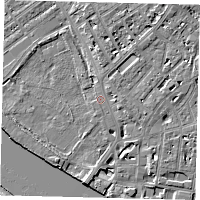 Shaded relief map of the ground around SW63LJ, computed from Environment Agency LiDAR. The ground here sits at about 4 m above sea level and falls 9 m across the surrounding 800 m. Surface water reaching this point runs off ground lying to the east, 0.8 m higher.