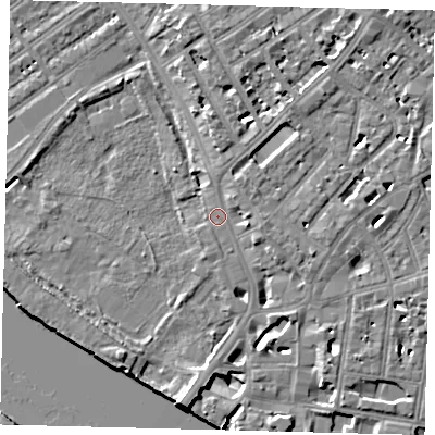 Shaded relief map of the ground around SW63LQ, computed from Environment Agency LiDAR. The ground here sits at about 5 m above sea level and falls 9 m across the surrounding 800 m. Surface water reaching this point runs off ground lying to the east, 2.6 m higher.