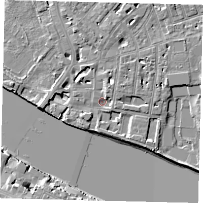 Shaded relief map of the ground around SW63PA, computed from Environment Agency LiDAR. The ground here sits at about 3 m above sea level and falls 10 m across the surrounding 800 m. Surface water reaching this point runs off ground lying to the west, 9.3 m higher.