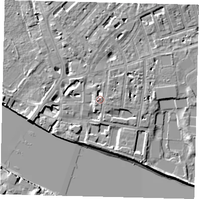Shaded relief map of the ground around SW63PB, computed from Environment Agency LiDAR. The ground here sits at about 5 m above sea level and falls 9 m across the surrounding 800 m. Surface water reaching this point runs off ground lying to the north-north-east, 3.8 m higher.