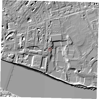 Shaded relief map of the ground around SW63PP, computed from Environment Agency LiDAR. The ground here sits at about 4 m above sea level and falls 12 m across the surrounding 800 m. Surface water reaching this point runs off ground lying to the north, 4.3 m higher.