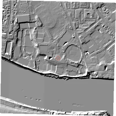 Shaded relief map of the ground around SW63PR, computed from Environment Agency LiDAR. The ground here sits at about 5 m above sea level and falls 13 m across the surrounding 800 m. Surface water reaching this point runs off ground lying to the north-west, 9.6 m higher.